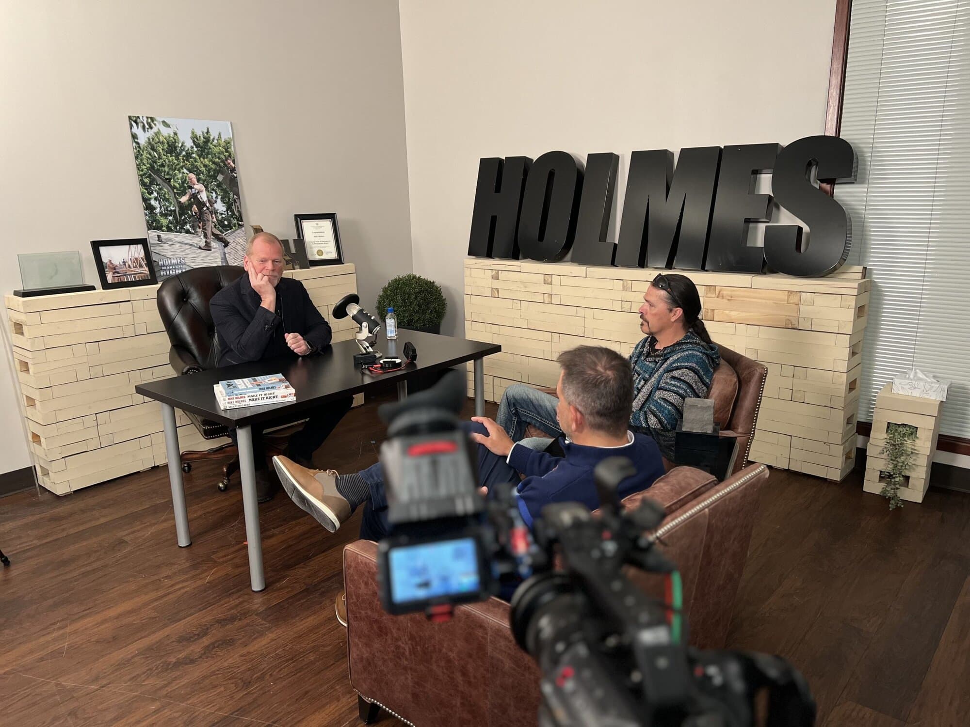 Wave of the Future 3D founders being interviewed by Mike Holmes on camera at the Holmes studio